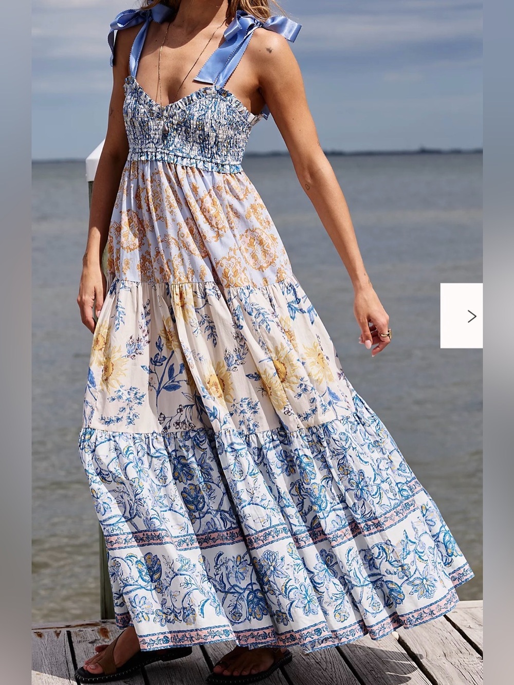 free people Bluebell White Floral Patchwork Cotton Poplin Smocked Maxi Dress S - Picture 1 of 11